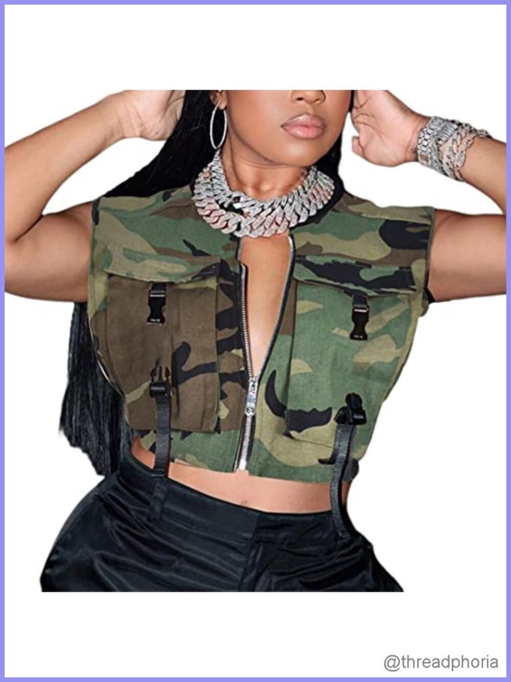 Women's Camo Cargo Vest Top Army Fatigue Cropped Sleeveless Jacket